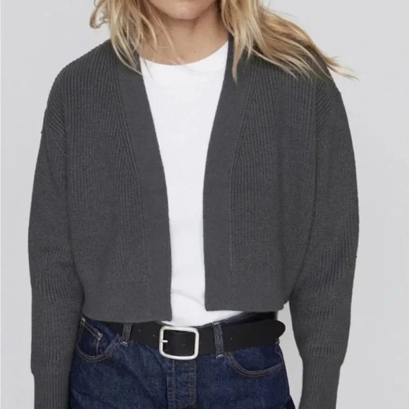 Zara Purl Knit  Open Front Ribbed Knit Cardigan Sweater Grey Size Medium - Picture 2 of 9